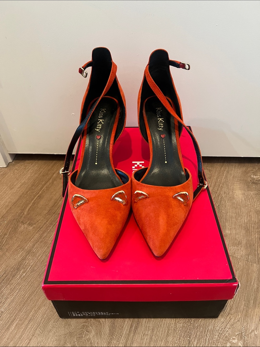 Orange Suede Pointed Toe Ankle Strap Heels